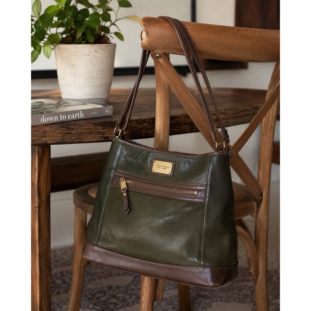 Tignanello Olive Brown Medium Shoulder Bag Hobo Purse Brass Zip Vintage